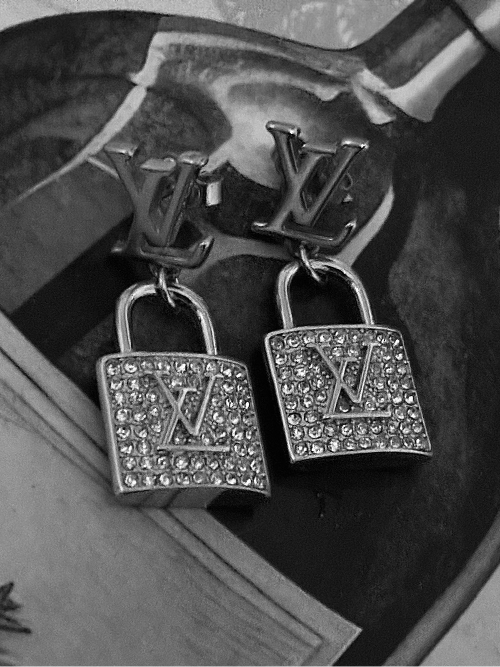 Silver Louis Vuitton Style Padlock Logo Drop Earrings